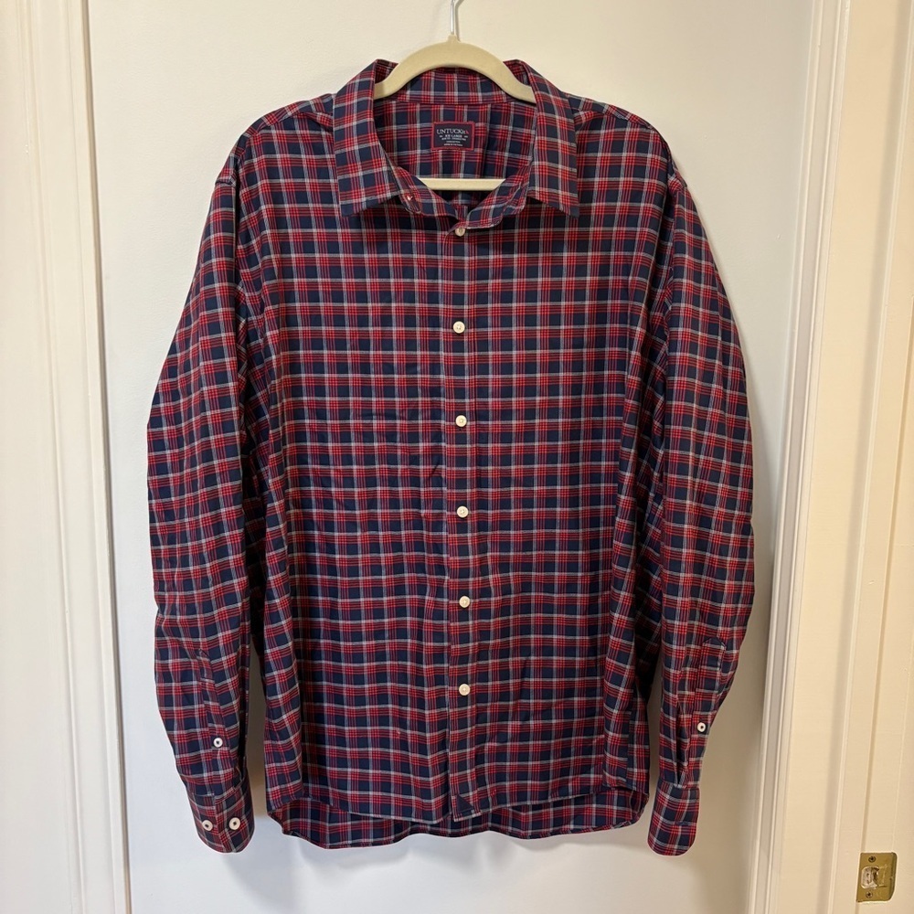 UNTUCKit Men’s Plaid Button Down Shirt XXL Long Sleeve Navy Red Cotton Slim Fit